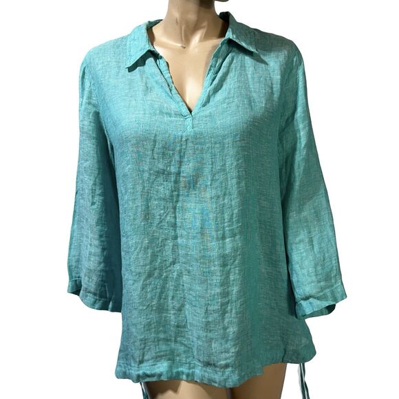 Isaac Mizrahi Women's Aqua 3/4 Sleeve Tunic V-Neck 100% Linen Shirt Size XL NWT - Picture 1 of 11